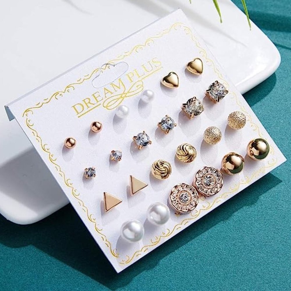 😍12 PAIR 14K GOLD SILVER SIMPLE CLASSIC CRYSTAL PEARL SPARK STUD EARRINGS, F273 - Picture 5 of 12